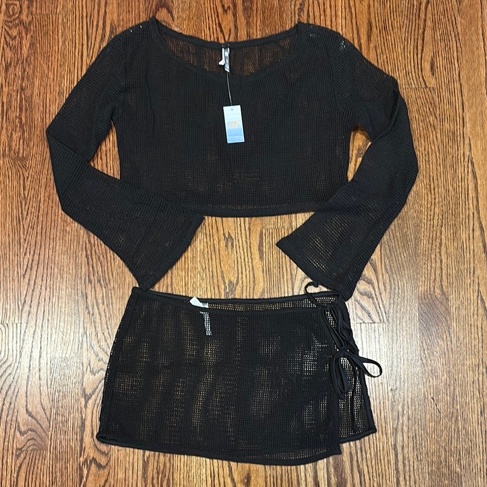 Black Mesh Crop Top and Skirt Bathing Suit Cover Up Set